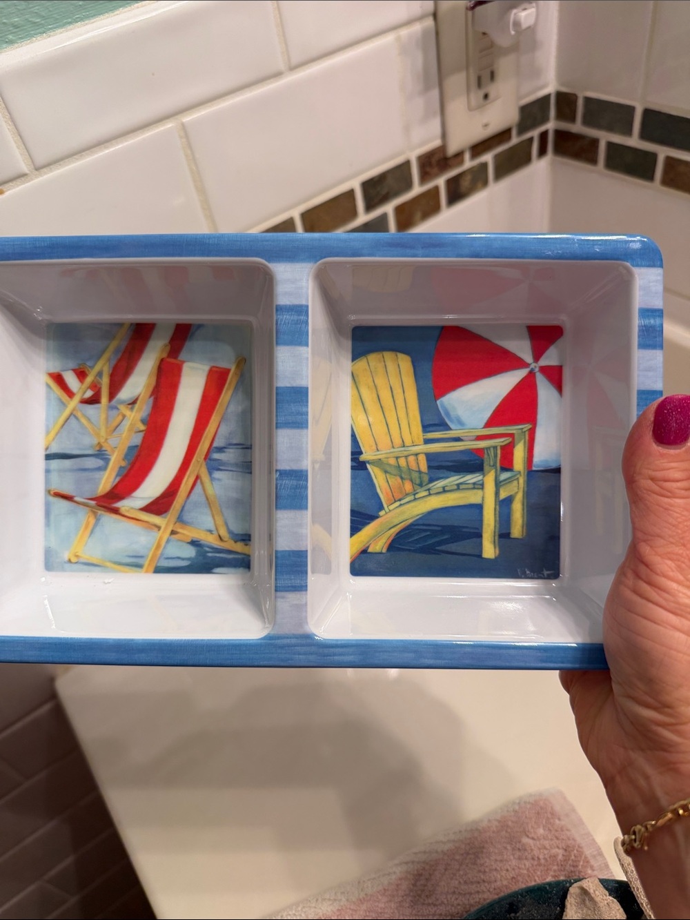 Beach Stripe Triple Serving Dish - Blue, White, Red - Picture 2 of 4